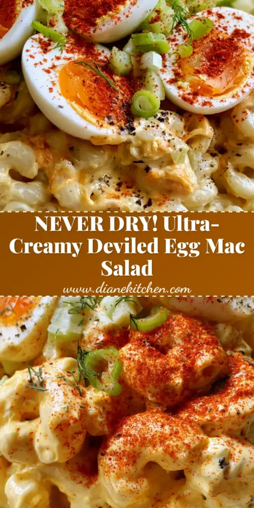 A top-down view of Deviled Egg Macaroni Salad in a white bowl featuring jammy eggs and smoked paprika dusting.