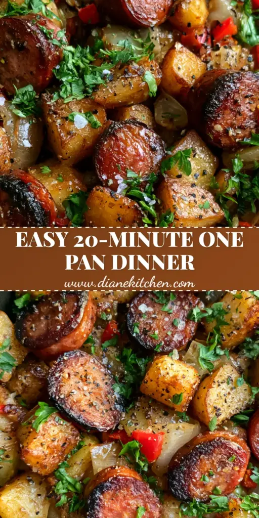 A top-down view of a rustic matte black cast iron skillet filled with a summer sausage skillet featuring golden crispy potatoes and red peppers.