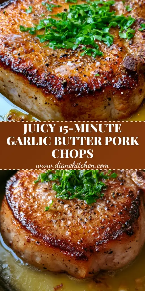 A vertical Pinterest pin showing a juicy Garlic Pork Chop in a cast iron skillet with garlic butter sauce and parsley garnish.