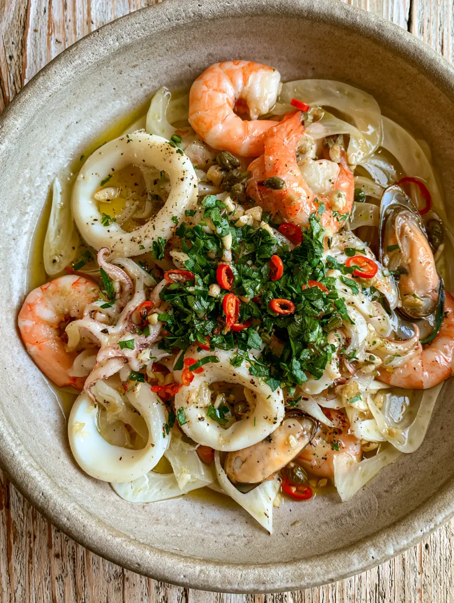 Overhead shot of Italian Seafood Salad with fennel, shrimp, and lemon-garlic vinaigrette. (Italian Seafood Salad)