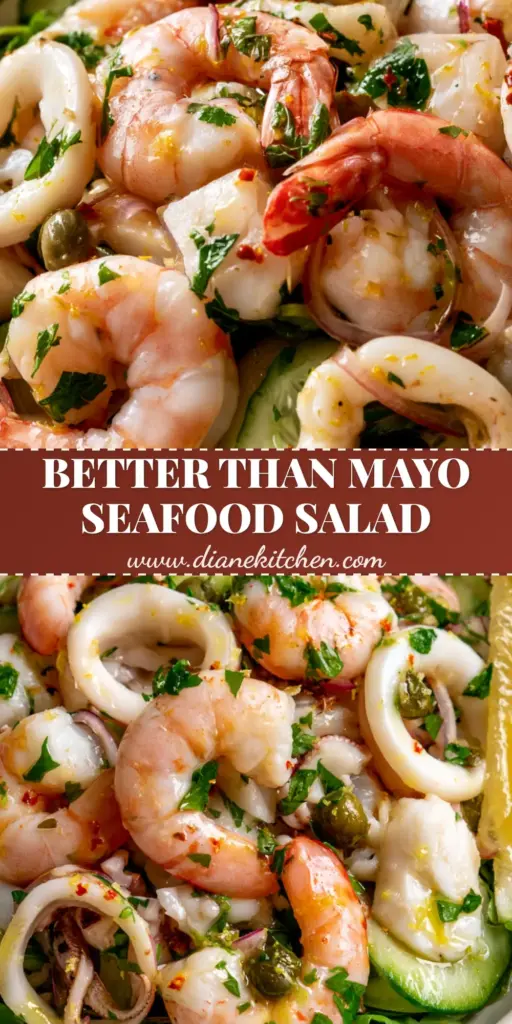 A vertical shot of Mediterranean-Style Seafood Salad featuring poached shrimp and calamari in a white ceramic bowl, perfect for Pinterest.