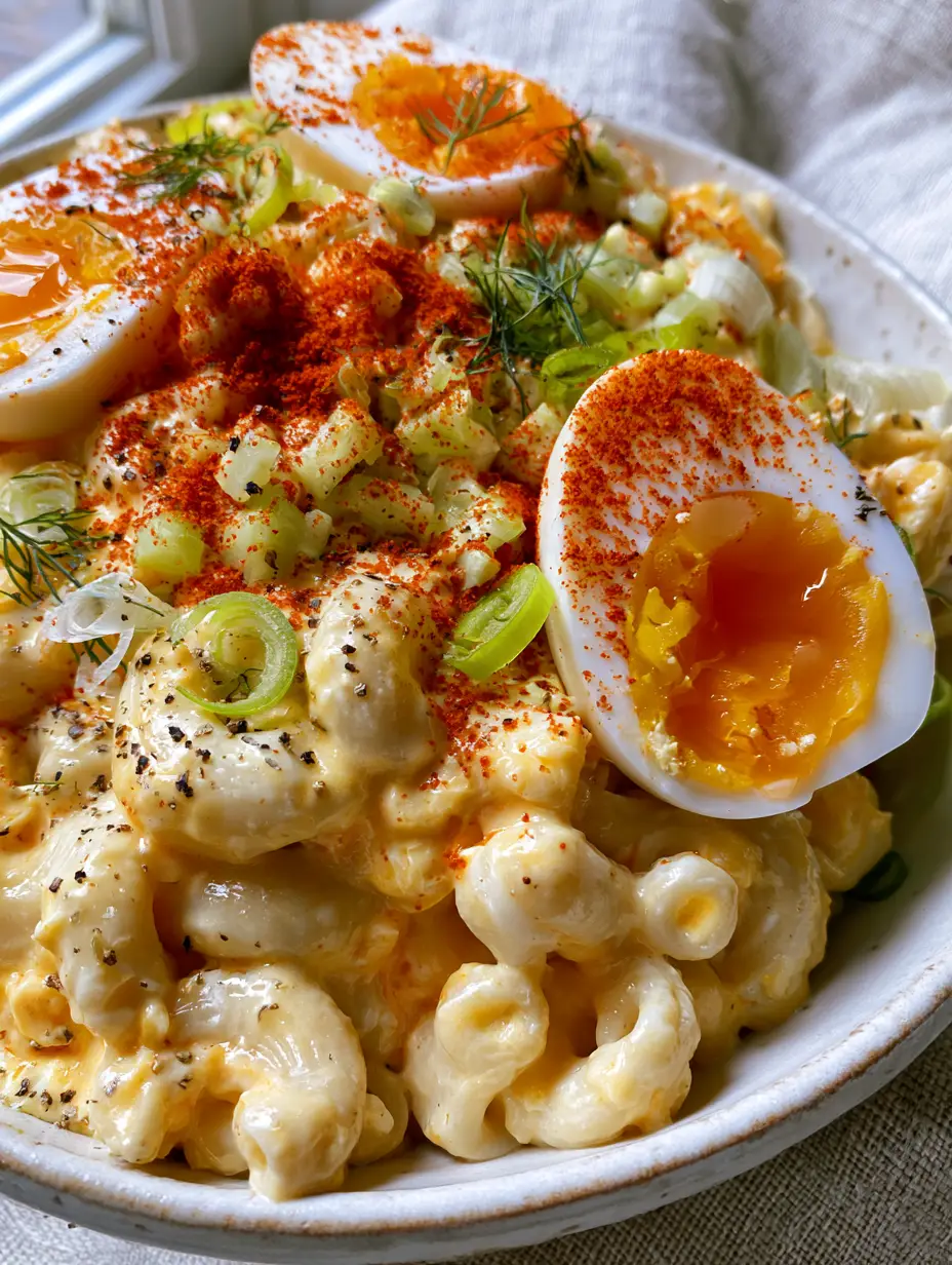 Extreme close-up of creamy Deviled Egg Macaroni Salad with glossy yellow dressing and fresh scallions.