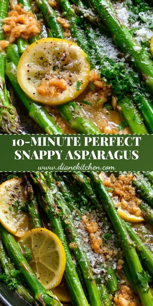 Sauteed Asparagus with Blistered Garlic Butter and Lemon 3 A vertical Pinterest-style shot of sauteed asparagus in a cast iron skillet with lemon wheels and garlic butter glaze.
