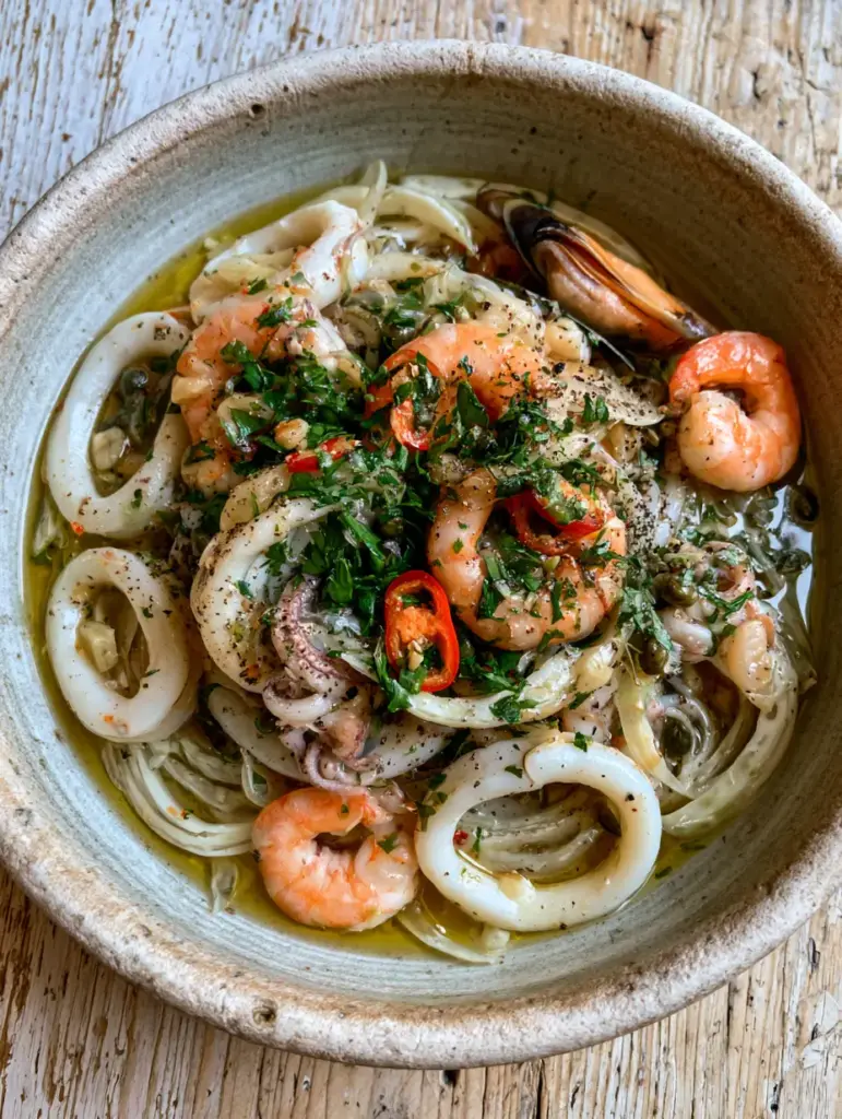 Close up of tender blanched calamari and jumbo shrimp in a rustic stone bowl. (Italian Seafood Salad)