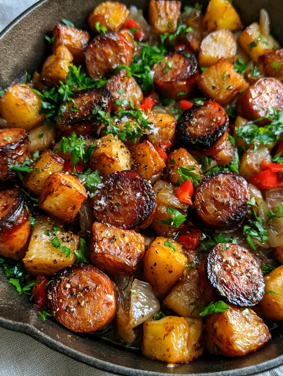 Extreme macro shot of a summer sausage skillet showing dark seared sausage edges and glistening crispy potato cubes.
