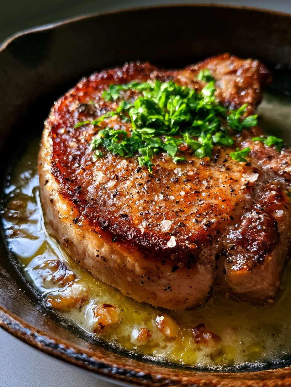 A handheld smartphone photo of thick juicy Garlic Pork Chops in a dark cast iron skillet with a golden crust.
