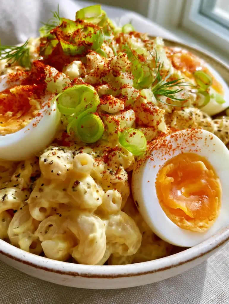 A rustic bowl of Deviled Egg Macaroni Salad showing bright orange jammy egg yolks and vibrant green herbs.