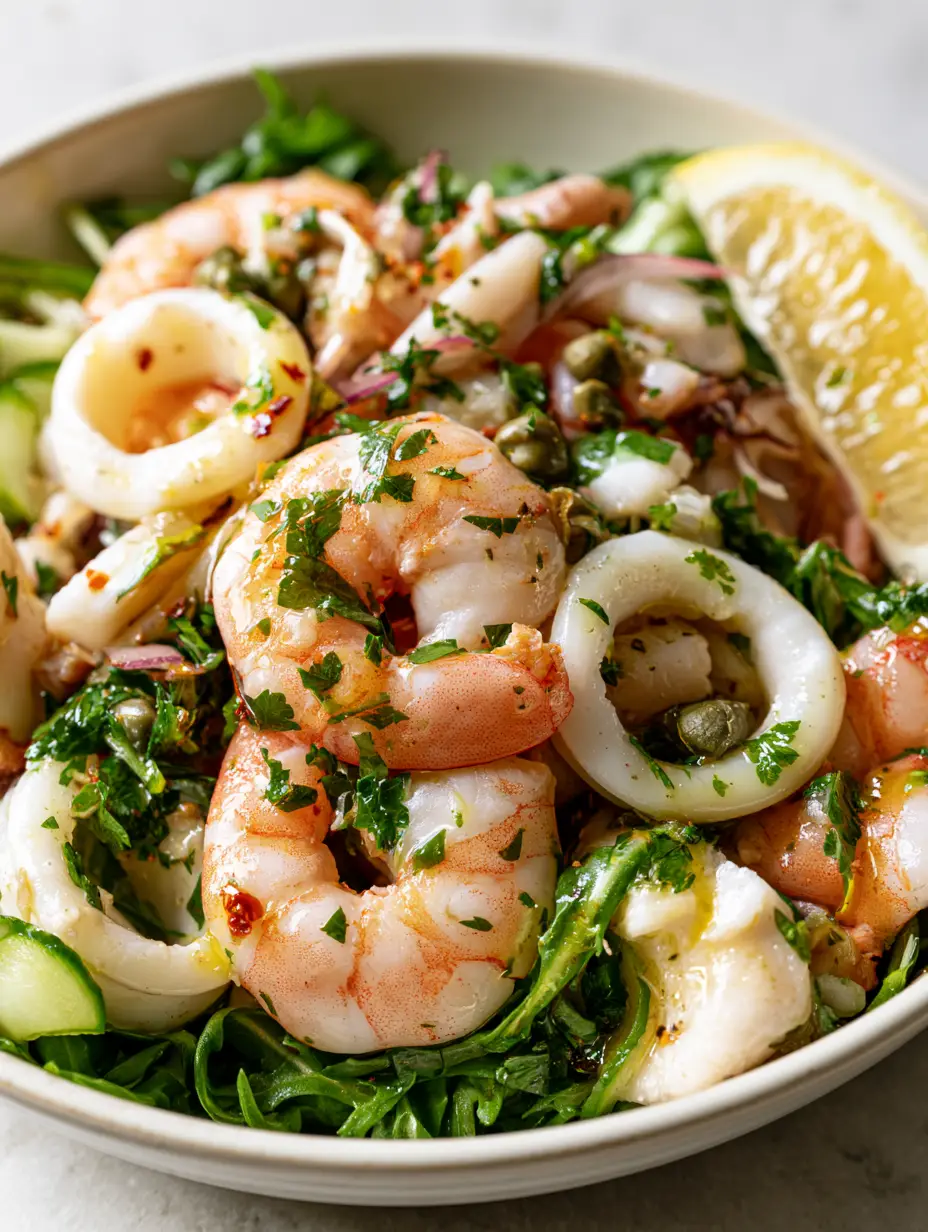 High-detail close-up of Mediterranean-Style Seafood Salad with glistening olive oil and fresh lemon zest on jumbo shrimp.