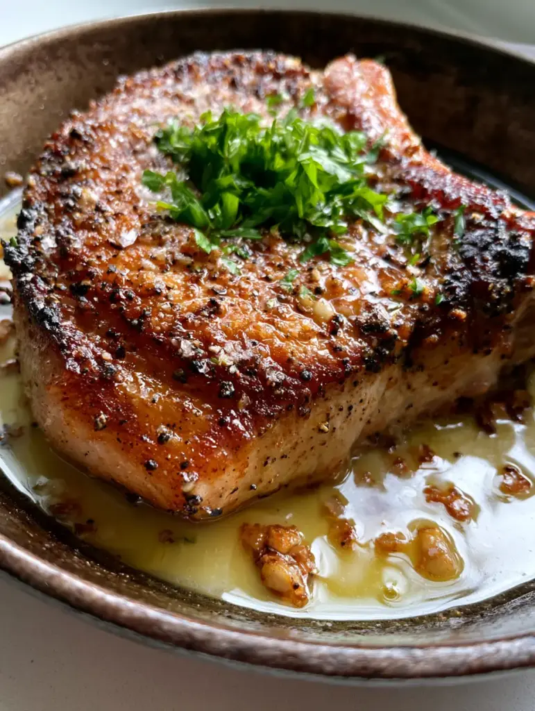 Close up of Garlic Pork Chops featuring translucent yellow garlic butter sauce and fresh parsley garnish.