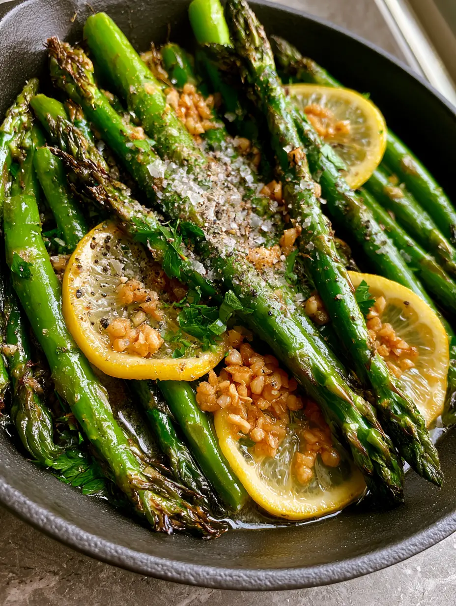 Sauteed Asparagus with Blistered Garlic Butter and Lemon 4 A top-down macro shot of vibrant, bright green sauteed asparagus spears with charred tips and garlic butter.