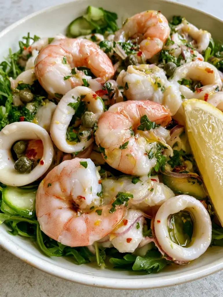 Wide shot of the Mediterranean-Style Seafood Salad showing cucumber ribbons and arugula base in a rustic white bowl.