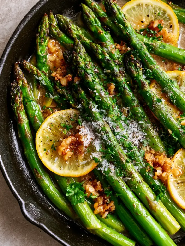 Sauteed Asparagus with Blistered Garlic Butter and Lemon 1 Close up of sauteed asparagus in a black skillet with lemon slices and flaky sea salt.
