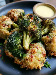 Macro close-up of roasted garlic parmesan broccoli bites showing the jagged texture of the golden cheese lace.