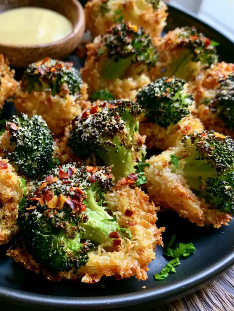Garlic Parmesan Broccoli Bites: The Ultimate Crispy Appetizer 1 A plate of garlic parmesan broccoli bites dusted with dried red pepper flakes and fresh parsley.