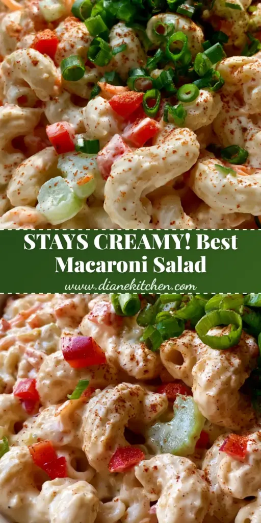 Easy Macaroni Salad Recipe: The Best Creamy Southern Style 4 A handheld smartphone photo of a white bowl filled with easy macaroni salad, featuring glossy dressing and green scallion garnish.