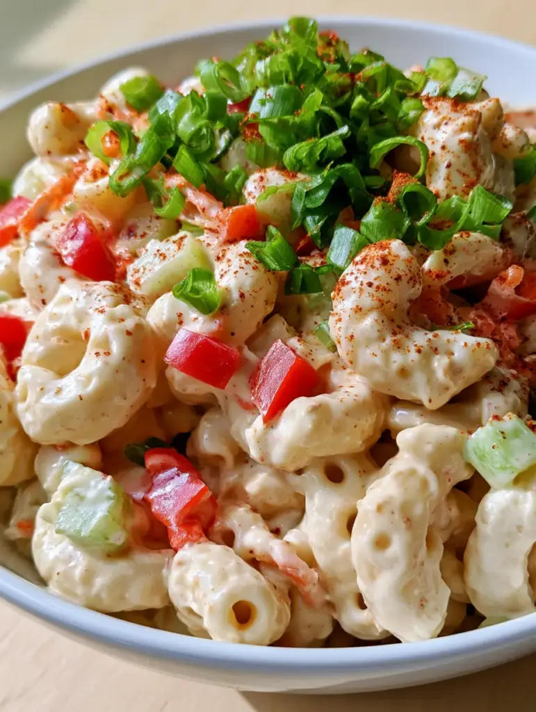 Easy Macaroni Salad Recipe: The Best Creamy Southern Style 2 A close-up of Southern easy macaroni salad in a white ceramic bowl showing wet, glistening dressing and red peppers.