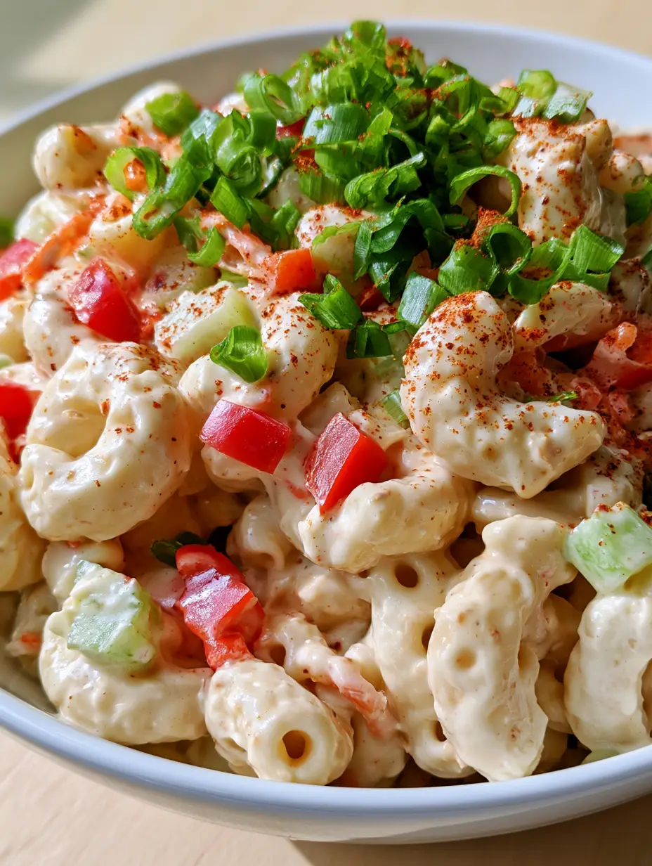 Easy Macaroni Salad Recipe: The Best Creamy Southern Style 3 A close-up of Southern easy macaroni salad in a white ceramic bowl showing wet, glistening dressing and red peppers.