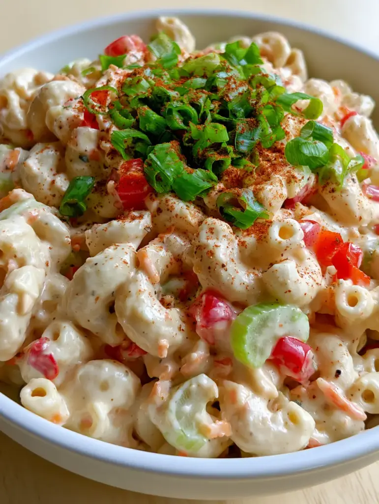 Easy Macaroni Salad Recipe: The Best Creamy Southern Style 1 Overhead view of easy macaroni salad with bright orange carrots and a dusting of smoked paprika.