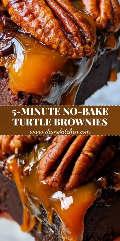 No Bake Turtle Brownies with Salted Caramel and Toasted Pecans 4 A handheld thick No Bake Turtle Brownie square with oozing caramel, toasted pecans, and dark chocolate drizzle.