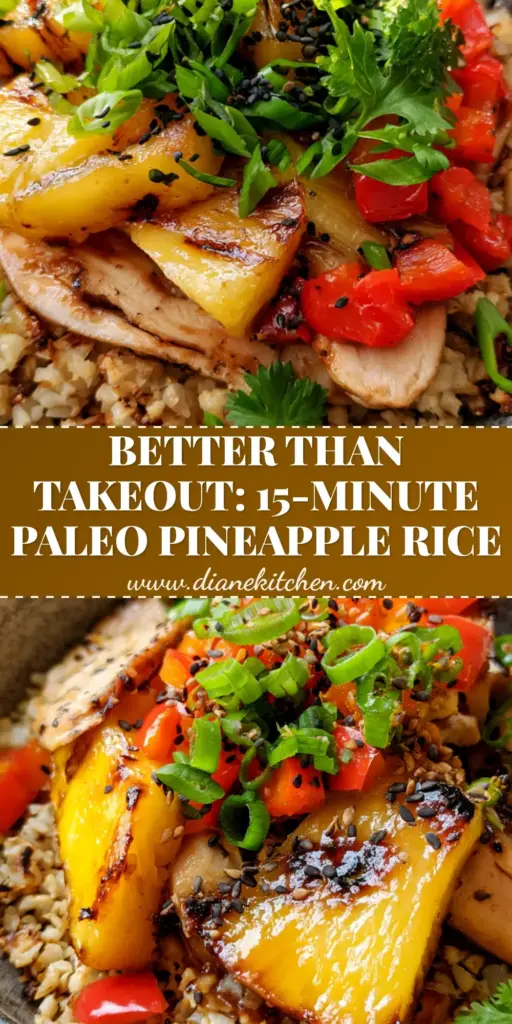 Paleo Pineapple Fried Cauliflower Rice: A 20-Minute Gourmet Meal 3 A top-down macro shot of Paleo Pineapple Fried Cauliflower Rice in a charcoal bowl with charred grains, caramelized pineapple, and black sesame seeds.