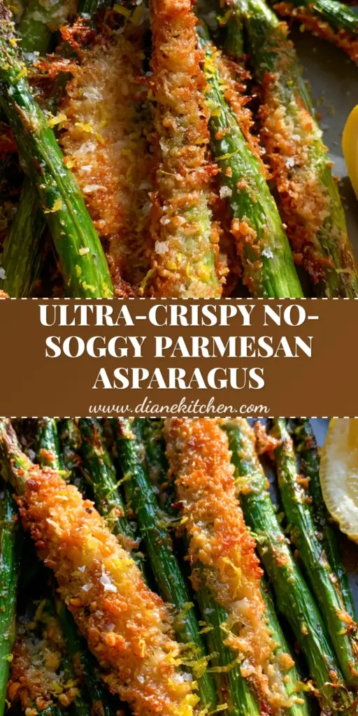 A vertical shot of oven roasted parmesan asparagus with charred tips, golden cheese crust, and lemon zest, ready for Pinterest saving.