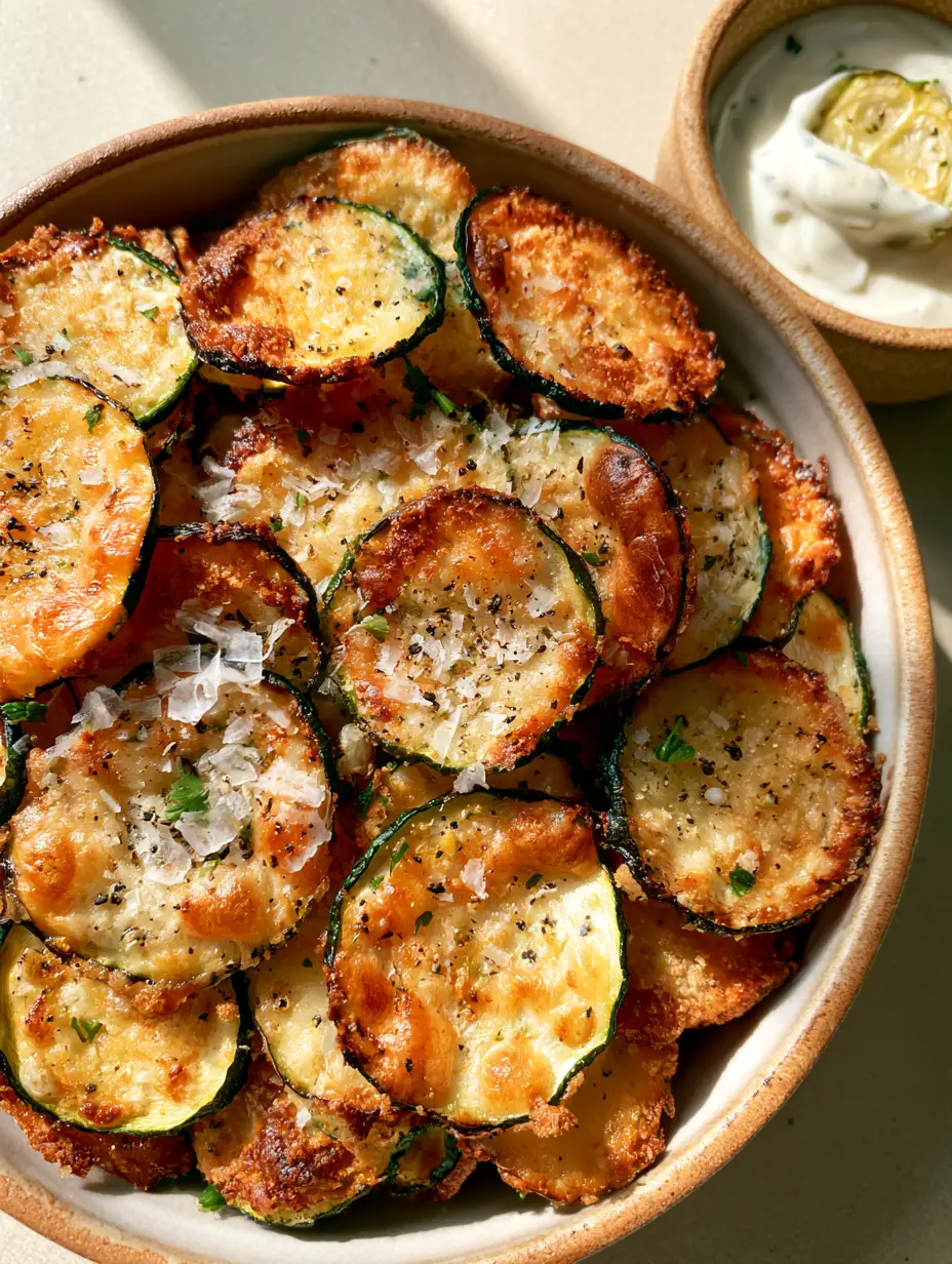 Top-down macro shot of zucchini chips showing charred edges and bubbly melted parmesan. (zucchini chips)