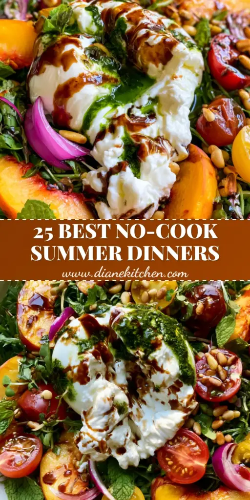 fresh summer recipes: The Ultimate Burrata Peach and Heirloom Tomato Salad 3 A vibrant summer burrata salad with peaches, heirloom tomatoes, and basil oil in a white bowl. (fresh summer recipes)