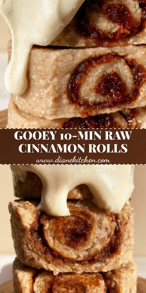 A stack of three thick spiral-cut Raw Vegan Cinnamon Rolls with dark date paste filling and thick white cashew frosting dripping down the sides.