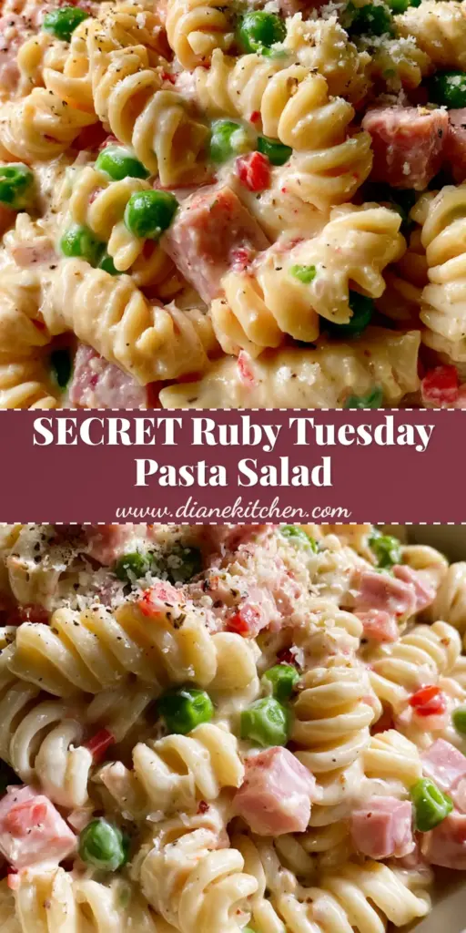 A close-up shot of Ruby Tuesday pasta salad with rotini, ham, and peas in a white bowl. (ruby tuesday pasta salad)