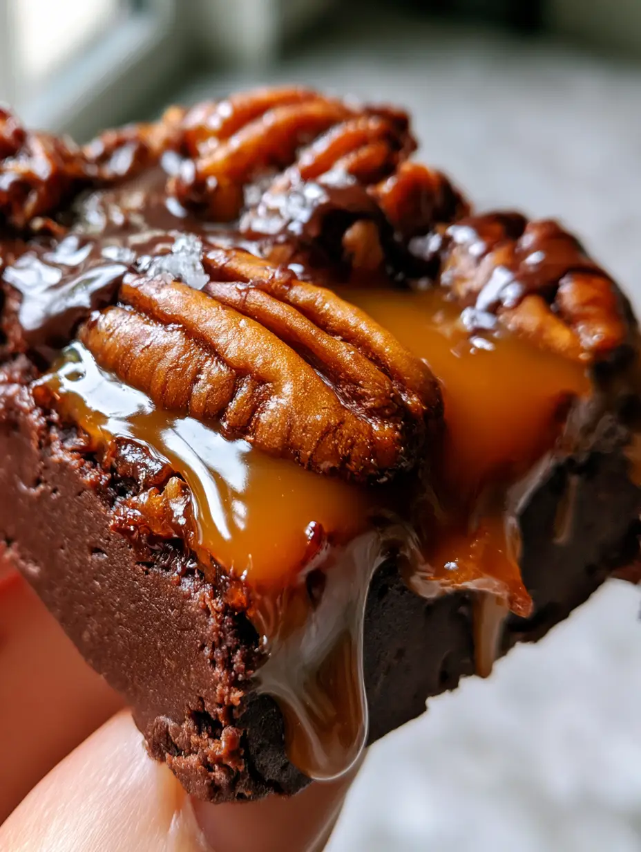 No Bake Turtle Brownies with Salted Caramel and Toasted Pecans 3 Macro close-up of a dense dark cocoa brownie base with thick glossy amber caramel dripping down the side. (No Bake Turtle Brownies)