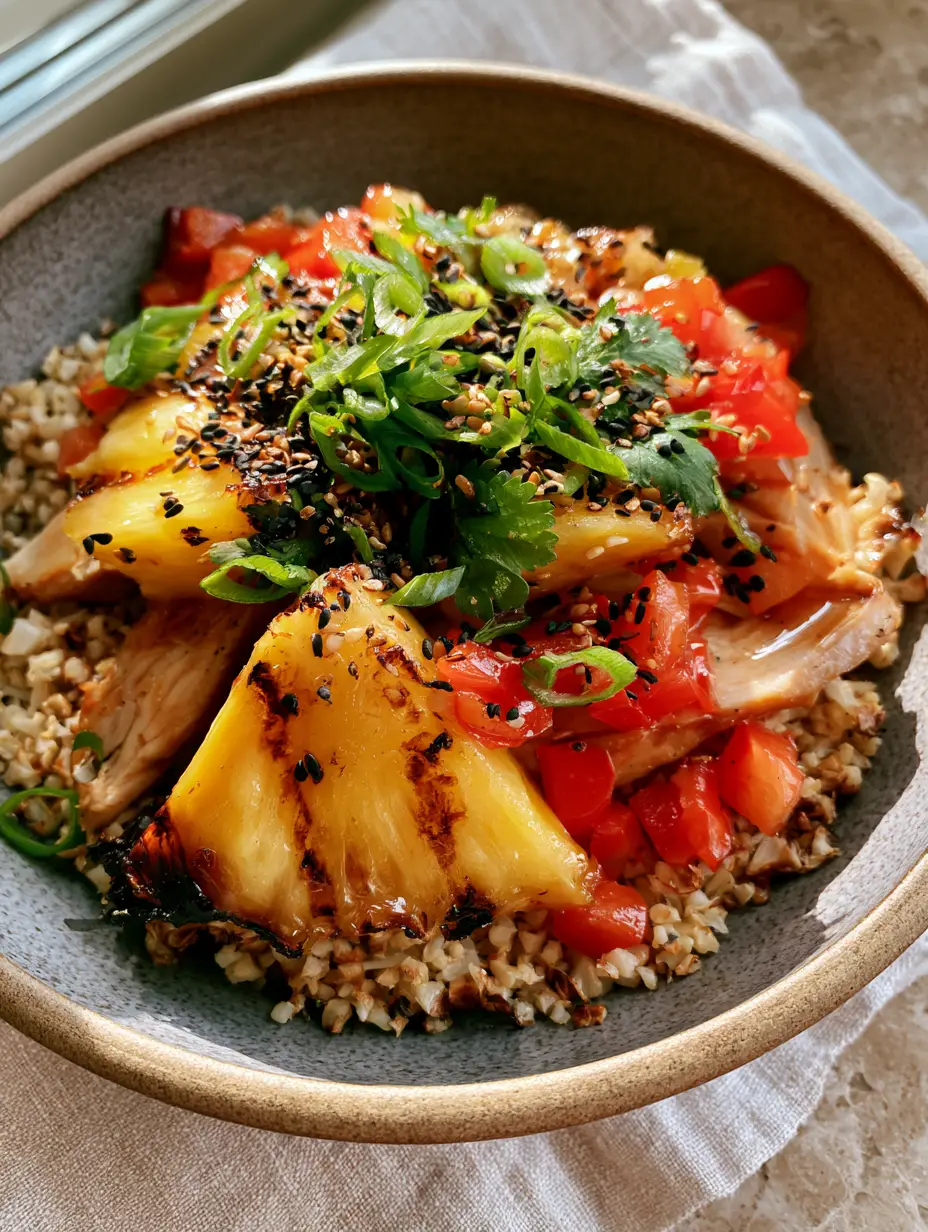 Paleo Pineapple Fried Cauliflower Rice: A 20-Minute Gourmet Meal 4 Close up of charred cauliflower rice grains and juicy caramelized pineapple chunks. (Paleo Pineapple Fried Cauliflower Rice)