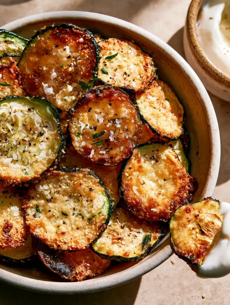 Air-fried zucchini chips in a ceramic bowl with a side of creamy garlic aioli dipping sauce.