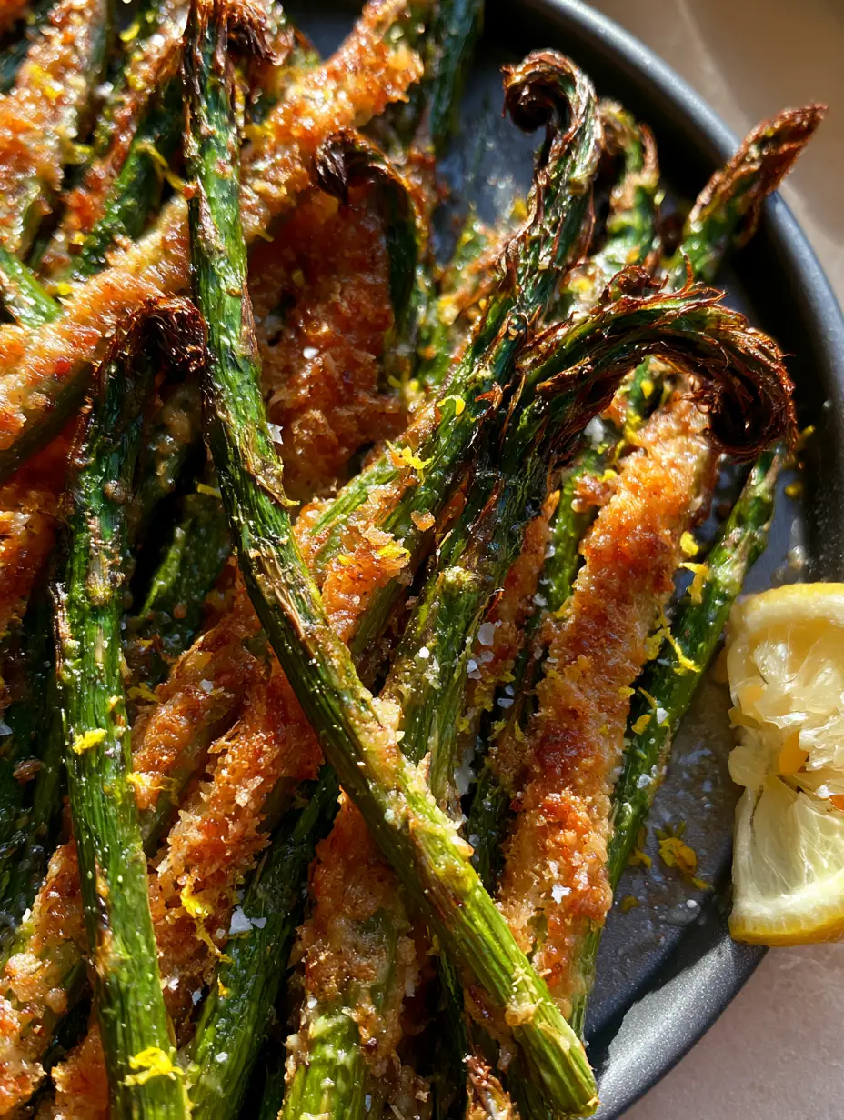 Top-down view of oven roasted parmesan asparagus on a dark baking sheet with charred crispy tips and lacy melted cheese.