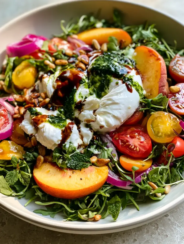 fresh summer recipes: The Ultimate Burrata Peach and Heirloom Tomato Salad 2 Close up photo of creamy torn burrata cheese spilling over fresh baby arugula and mint. (fresh summer recipes)