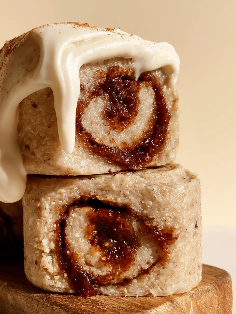 Extreme close-up of Raw Vegan Cinnamon Rolls showing the dense, moist tan dough and dark glistening cinnamon-date filling.