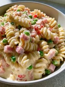 Handheld photo showing the glossy creamy dressing on rotini pasta spirals. (ruby tuesday pasta salad)