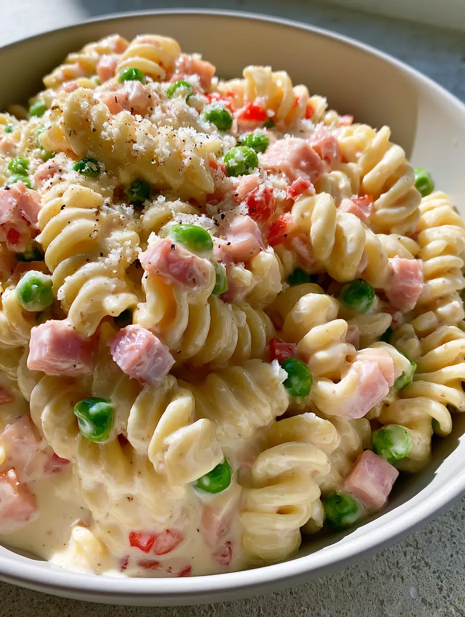 Handheld photo showing the glossy creamy dressing on rotini pasta spirals. (ruby tuesday pasta salad)