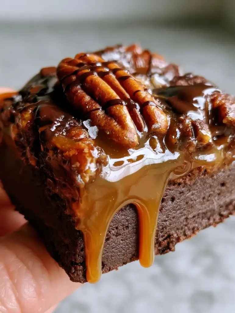 No Bake Turtle Brownies with Salted Caramel and Toasted Pecans 1 Top view of toasted pecan halves and shiny chocolate drizzle on a No Bake Turtle Brownie.