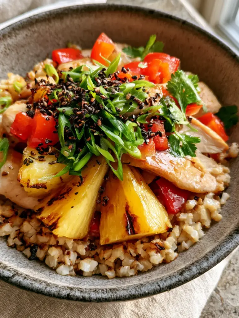 Paleo Pineapple Fried Cauliflower Rice: A 20-Minute Gourmet Meal 1 A gourmet serving of Paleo Pineapple Fried Cauliflower Rice garnished with black sesame seeds and scallions.