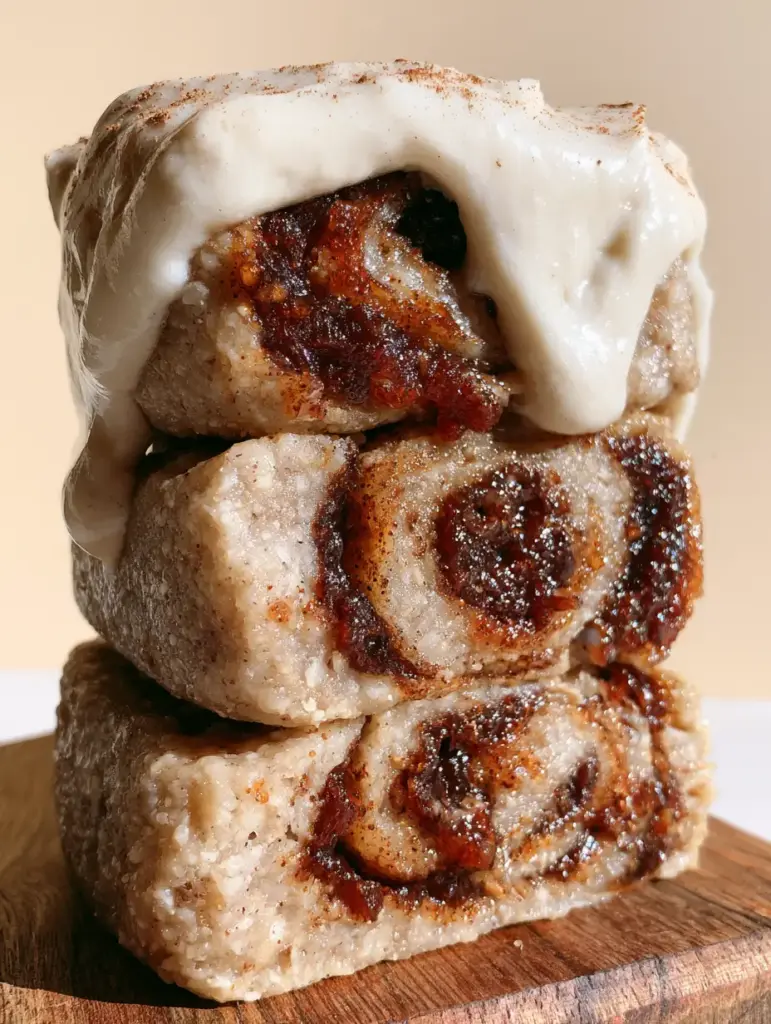 Thick white cashew cream frosting captured mid-drip on a stack of raw vegan cinnamon rolls.