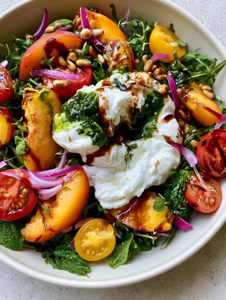 fresh summer recipes: The Ultimate Burrata Peach and Heirloom Tomato Salad 1 Thick wedges of sunset-orange peaches and red heirloom tomatoes garnished with micro-basil.