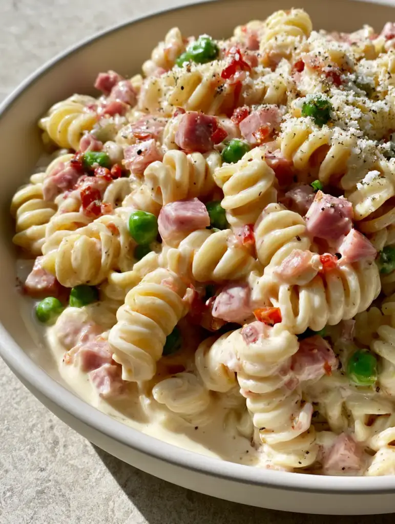 Close up of diced ham, green peas, and red peppers in the pasta salad.