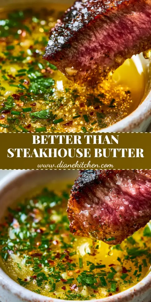 Cowboy Butter Sauce: The Ultimate 5-Minute Dipping Sauce 3 A close-up shot of a medium-rare ribeye steak being dipped into a bowl of golden Cowboy Butter Sauce with fresh herbs.