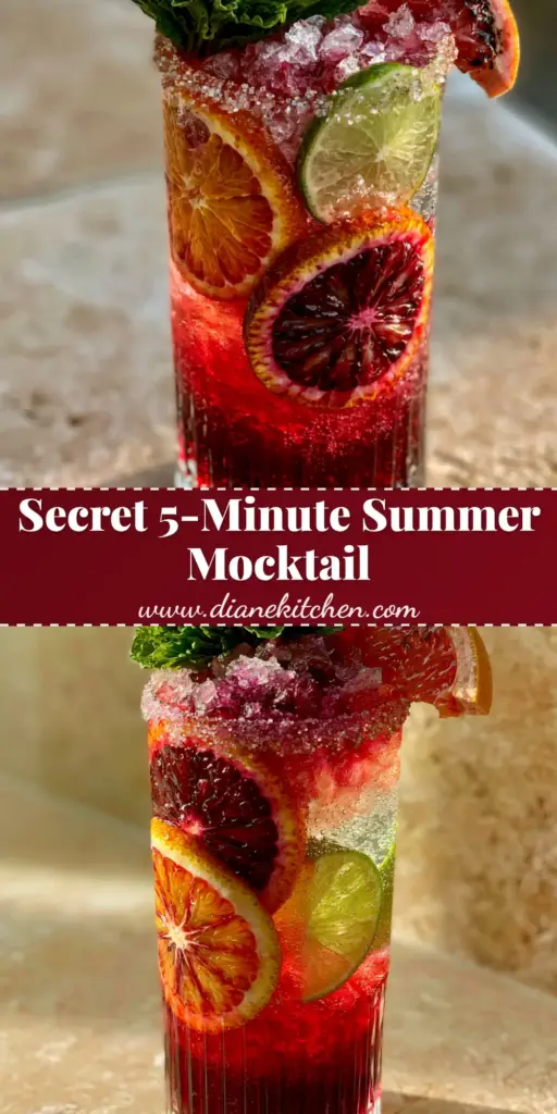 Summer Drinks: Sparkling Hibiscus and Blood Orange Mocktail 4 A tall ribbed glass filled with a hibiscus and blood orange summer drink, featuring a sugar rim and charred grapefruit garnish on a stone background. (summer drinks)