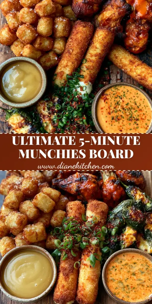 A rustic wooden grazing board filled with stoner snacks including extra-crispy tater tots, buffalo wings, and blistered jalapeno poppers.
