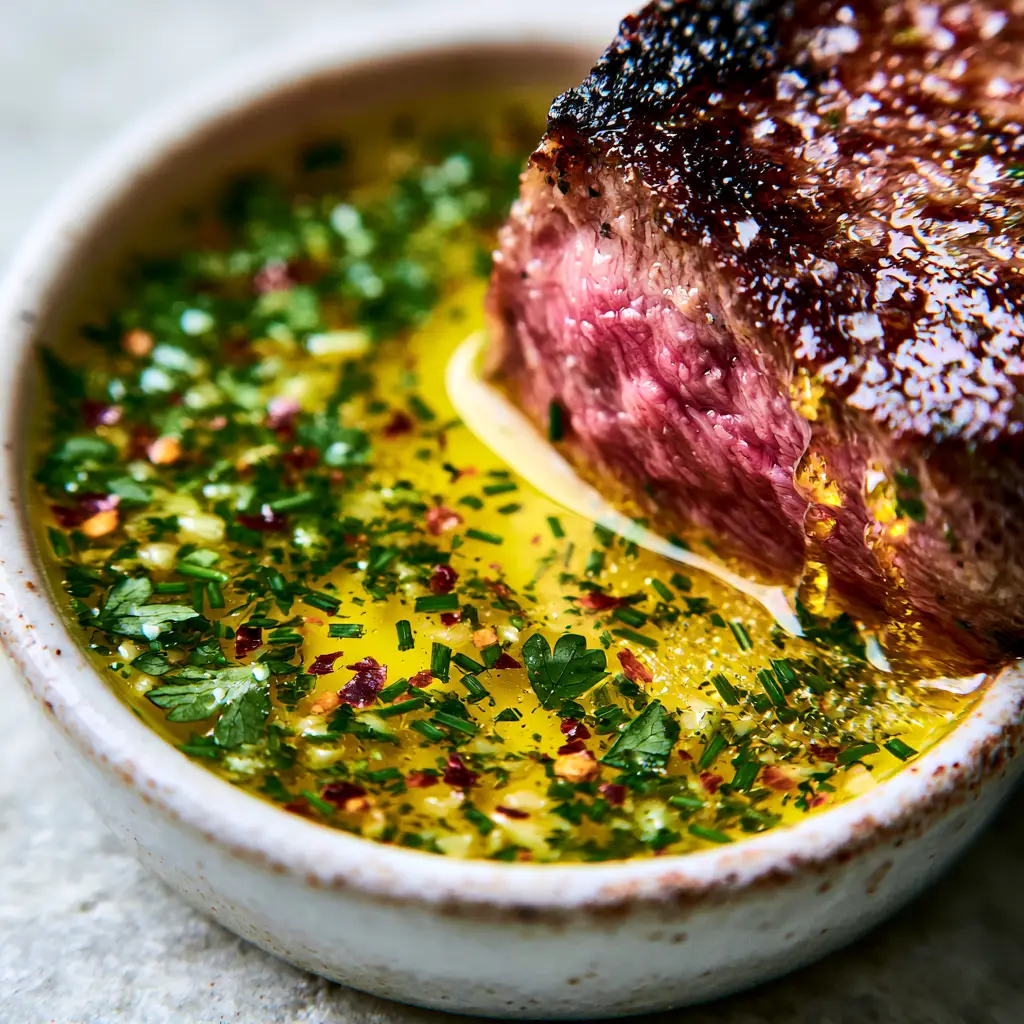 Cowboy Butter Sauce: The Ultimate 5-Minute Dipping Sauce 2 Extreme macro shot of translucent golden Cowboy Butter Sauce with suspended red pepper flakes and green parsley. (Cowboy Butter Sauce)