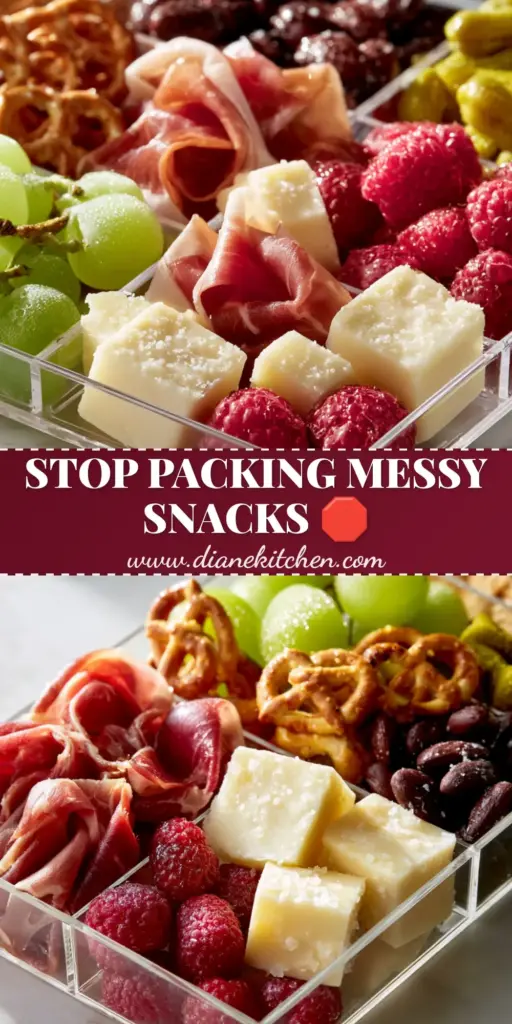 A premium clear acrylic multi-compartment snack box viewed from a high-angle, filled with snackle box ideas like prosciutto, cheese, and fruit.