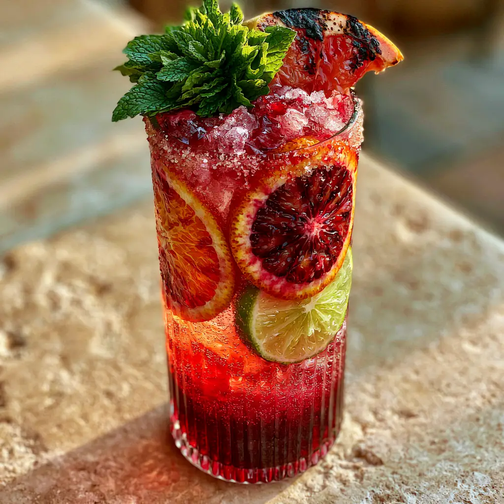 Smartphone photo of a refreshing summer drink with crimson hibiscus syrup gradient and crushed ice. (summer drinks)