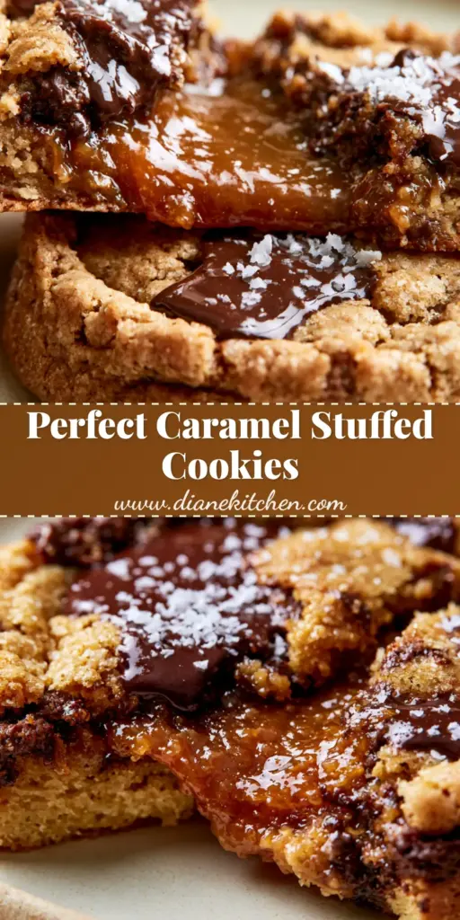 A thick, golden-brown deep dish chocolate chip cookie being pulled apart to reveal a gooey, warm amber caramel stretch with dark chocolate pools and sea salt.
