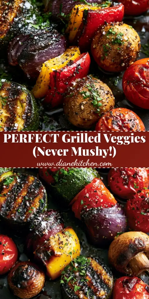 Grilled Veggie Skewers with Glossy Balsamic Glaze 4 A close-up of rainbow Grilled Veggie Skewers with charred zucchini and blistered tomatoes on a charcoal plate.